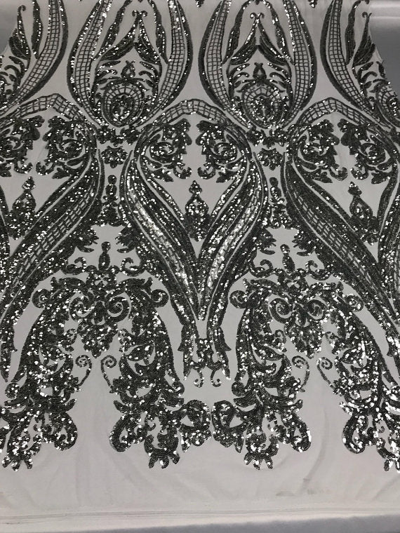 Big Damask Sequins Fabric - Silver - 4 Way Stretch Damask Sequins Design Fabric By Yard