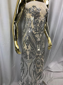 Big Damask Sequins Fabric - Silver - 4 Way Stretch Damask Sequins Design Fabric By Yard