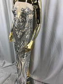 Big Damask Sequins Fabric - Silver - 4 Way Stretch Damask Sequins Design Fabric By Yard