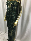 Big Damask Sequins Fabric - Hunter Green - 4 Way Stretch Damask Sequins Design Fabric By Yard