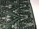 Big Damask Sequins Fabric - Hunter Green - 4 Way Stretch Damask Sequins Design Fabric By Yard