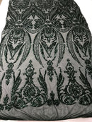 Big Damask Sequins Fabric - Hunter Green - 4 Way Stretch Damask Sequins Design Fabric By Yard