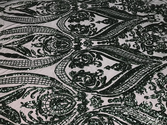 Big Damask Sequins Fabric - Hunter Green - 4 Way Stretch Damask Sequins Design Fabric By Yard