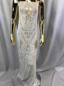 Big Damask Sequins Fabric - White - 4 Way Stretch Damask Sequins Design Fabric By Yard