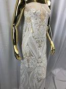 Big Damask Sequins Fabric - White - 4 Way Stretch Damask Sequins Design Fabric By Yard