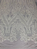 Big Damask Sequins Fabric - White - 4 Way Stretch Damask Sequins Design Fabric By Yard
