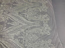 Big Damask Sequins Fabric - White - 4 Way Stretch Damask Sequins Design Fabric By Yard