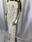 Big Damask Sequins Fabric - White - 4 Way Stretch Damask Sequins Design Fabric By Yard