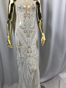 Big Damask Sequins Fabric - White - 4 Way Stretch Damask Sequins Design Fabric By Yard