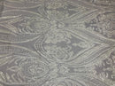 Big Damask Sequins Fabric - White - 4 Way Stretch Damask Sequins Design Fabric By Yard
