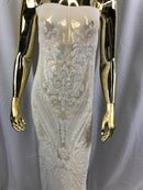 Big Damask Sequins Fabric - Ivory  - 4 Way Stretch Damask Sequins Design Fabric By Yard