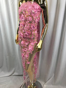 Gum Pink 3D Floral Design Embroider With Pearls On A Mesh Lace Dresses-Prom-Nightgown By Yard