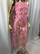 Gum Pink 3D Floral Design Embroider With Pearls On A Mesh Lace Dresses-Prom-Nightgown By Yard