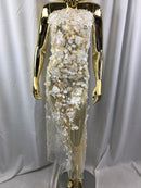 Flower 3D Fabric - Ivory - Embroided Fabric Flower Pearls and Leaf Decor Sold by The Yard