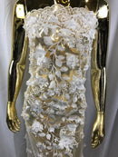 Flower 3D Fabric - Ivory - Embroided Fabric Flower Pearls and Leaf Decor Sold by The Yard