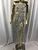 Flower 3D Fabric - Silver - Embroided Fabric Flower Pearls and Leaf Decor Sold by The Yard