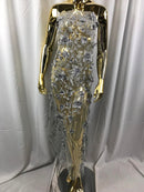 Flower 3D Fabric - Silver - Embroided Fabric Flower Pearls and Leaf Decor Sold by The Yard