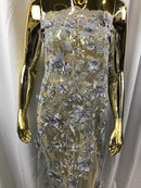 Flower 3D Fabric - Silver - Embroided Fabric Flower Pearls and Leaf Decor Sold by The Yard