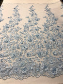 Light Blue 3D Floral Design Embroider With Pearls On A Mesh Lace Dresses-Prom-Nightgown By Yard