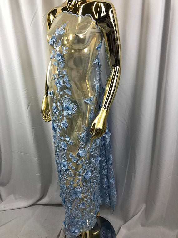 Light Blue 3D Floral Design Embroider With Pearls On A Mesh Lace Dresses-Prom-Nightgown By Yard