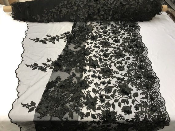 Black 3D Floral Design Embroider With Pearls On A Mesh Lace Dresses-Prom-Nightgown By Yard