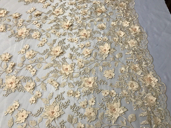 Champagne 3D Floral Design Embroider With Pearls On A Mesh Lace Dresses-Prom-Nightgown By Yard
