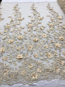 Champagne 3D Floral Design Embroider With Pearls On A Mesh Lace Dresses-Prom-Nightgown By Yard