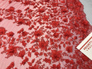 Red 3D Floral Design Embroider With Pearls On A Mesh Lace Dresses-Prom-Nightgown By Yard