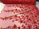 Red 3D Floral Design Embroider With Pearls On A Mesh Lace Dresses-Prom-Nightgown By Yard
