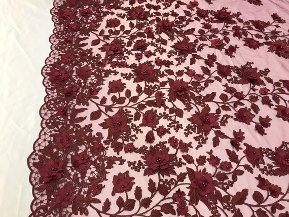 Flower 3D Fabric - Burgundy - Embroided Fabric Flower Pearls and Leaf Decor Sold by The Yard