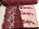 Flower 3D Fabric - Burgundy - Embroided Fabric Flower Pearls and Leaf Decor Sold by The Yard