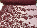 Flower 3D Fabric - Burgundy - Embroided Fabric Flower Pearls and Leaf Decor Sold by The Yard