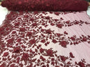 Flower 3D Fabric - Burgundy - Embroided Fabric Flower Pearls and Leaf Decor Sold by The Yard