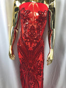 Big Damask Sequins Fabric - Red - 4 Way Stretch Damask Sequins Design Fabric By Yard