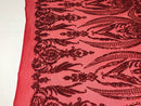Big Damask Sequins Fabric - Red - 4 Way Stretch Damask Sequins Design Fabric By Yard