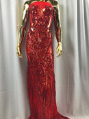 Big Damask Sequins Fabric - Red - 4 Way Stretch Damask Sequins Design Fabric By Yard