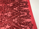 Big Damask Sequins Fabric - Red - 4 Way Stretch Damask Sequins Design Fabric By Yard