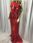 Big Damask Sequins Fabric - Red - 4 Way Stretch Damask Sequins Design Fabric By Yard