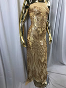 Big Damask Sequins Fabric - Matte Gold - 4 Way Stretch Damask Sequins Design Fabric By Yard