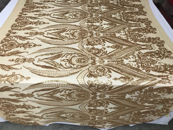 Big Damask Sequins Fabric - Matte Gold - 4 Way Stretch Damask Sequins Design Fabric By Yard