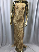 Big Damask Sequins Fabric - Matte Gold - 4 Way Stretch Damask Sequins Design Fabric By Yard