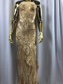 Big Damask Sequins Fabric - Matte Gold - 4 Way Stretch Damask Sequins Design Fabric By Yard