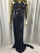 Big Damask Sequins Fabric - Navy Blue - 4 Way Stretch Damask Sequins Design Fabric By Yard