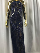 Big Damask Sequins Fabric - Navy Blue - 4 Way Stretch Damask Sequins Design Fabric By Yard