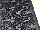 Big Damask Sequins Fabric - Navy Blue - 4 Way Stretch Damask Sequins Design Fabric By Yard