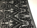 Big Damask Sequins Fabric - Black - 4 Way Stretch Damask Sequins Design Fabric By Yard