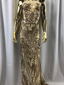 Big Damask Sequins Fabric - Gold - 4 Way Stretch Damask Sequins Design Fabric By Yard