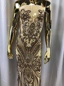 Big Damask Sequins Fabric - Gold - 4 Way Stretch Damask Sequins Design Fabric By Yard