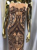 Big Damask Sequins Fabric - Rose Gold  - 4 Way Stretch Damask Sequins Design Fabric By Yard