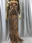 Big Damask Sequins Fabric - Rose Gold  - 4 Way Stretch Damask Sequins Design Fabric By Yard